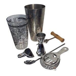 Cocktail Shaker Set W/ Recipe Glass Jigger Strainer Spoon Corkscrew 70's MCM